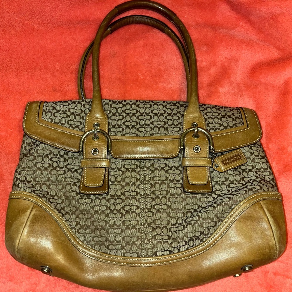 Coach Brown and Tan Signature Shoulder Bag
